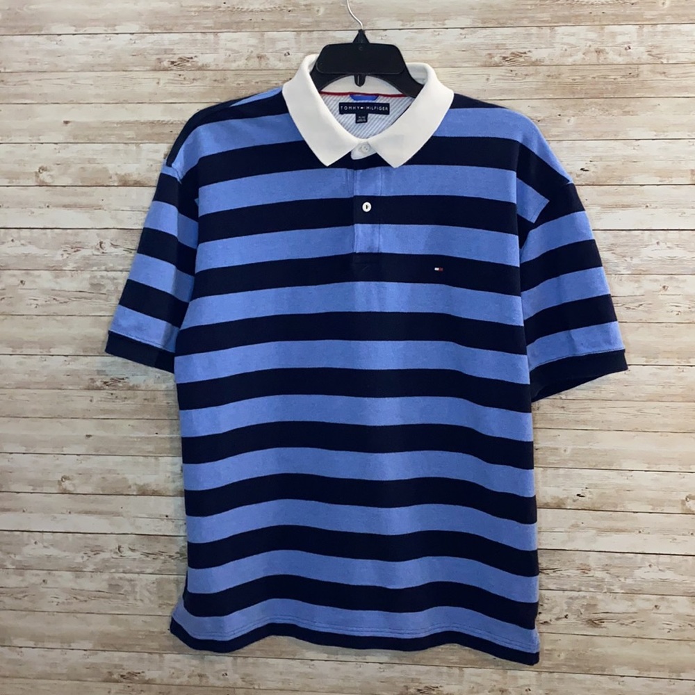 Tommy Hilfiger, Short Sleeve Rugby/Polo Shirt, XL, Navy Blue & Medium Blue strip